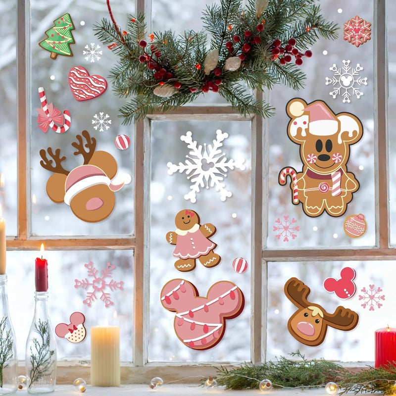 MAXDUCK Christmas Gingerbread Window Cling Decorations - 12 Sheets Pink Double-Sided Christmas Gingerbread Sticker for Window Decor, Mouse, Castle, Snowflake Stickers for Indoor Office Home Decor - Image 2